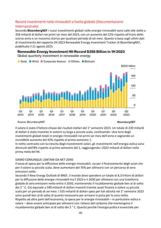 40
Record investimenti nelle rinnovabili a livello globale (Documentazione
Internazionale)
Secondo BloombergNEF i nuovi investimenti globali nelle energie rinnovabili sono saliti alle stelle a
358 miliardi di dollari nei primi sei mesi del 2023, con un aumento del 22% rispetto all'inizio dello
scorso anno e un massimo storico per qualsiasi periodo di sei mesi. Questo si basa sugli ultimi dati
di investimento del rapporto 2H 2023 Renewable Energy Investment Tracker di BloombergNEF,
pubblicato il 21 agosto 2023.
Il solare è stato il fattore chiave dei risultati stellari del 1° semestre 2023. Un totale di 239 miliardi
di dollari è stato investito in sistemi su larga e piccola scala, costituendo i due terzi degli
investimenti globali totali in energie rinnovabili nei primi sei mesi dell'anno e segnando un
incredibile aumento del 43% rispetto al primo semestre 1.
In netto contrasto con la crescita degli investimenti solari, gli investimenti nell'energia eolica sono
diminuiti dell'8% rispetto al primo semestre del 1, raggiungendo i 2022 miliardi di dollari nella
prima metà del 94.
SIAMO COMUNQUE LONTANI DA NET-ZERO
Il tasso di spesa per la diffusione delle energie rinnovabili, sia per il finanziamento degli asset che
per il solare su piccola scala, deve aumentare del 76% per allinearsi con un percorso di zero
emissioni nette.
Secondo il New Energy Outlook di BNEF, il mondo deve spendere un totale di 8,3 trilioni di dollari
per la diffusione delle energie rinnovabili tra il 2023 e il 2030 per allinearsi con una traiettoria
globale di zero emissioni nette entro il 2050, mantenendo il riscaldamento globale ben al di sotto
dei 2 ° C. Ciò equivale a 590 miliardi di dollari investiti tramite asset finance e solare su piccola
scala per un periodo di sei mesi. I 335 miliardi di dollari spesi per tali attività nel 1° semestre 2023
sono quindi ben al di sotto di quanto necessario per arrivare in pista per lo zero netto.
Rispetto ad altre parti dell'economia, la spesa per le energie rinnovabili – in particolare eolica e
solare – deve essere anticipata per allinearsi con i bilanci del carbonio che mantengono il
riscaldamento globale ben al di sotto dei 2 ° C. Questo perché l'energia pulita è essenziale per
 
