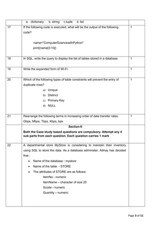 CBSE Class 12 Computer Science(083) Sample Question Paper 2020-21