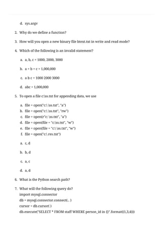 CBSE Class 12 Computer Science(083) Sample Question Paper 2020-21