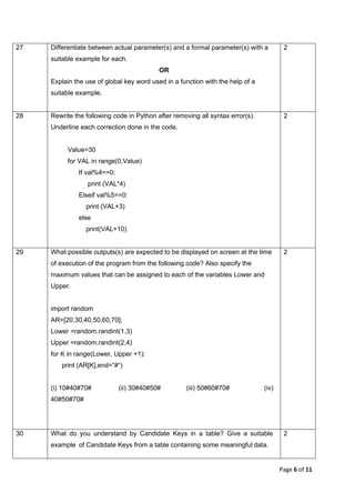 CBSE Class 12 Computer Science(083) Sample Question Paper 2020-21