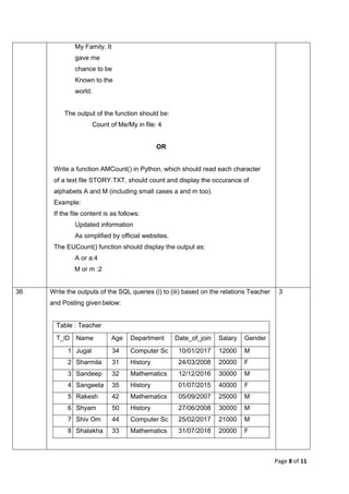 CBSE Class 12 Computer Science(083) Sample Question Paper 2020-21