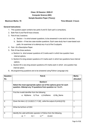 CBSE Class 12 Computer Science(083) Sample Question Paper 2020-21 | PDF