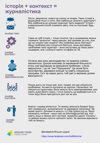 історія + контекст =
журналістика
ЗНАЙДИ ТЕМУ
ЗНАЙДИ
КОНТЕКСТ
ЗНАЙДИ
ВІДПОВІДАЛЬНИХ
Листи, звернення, скарги на школи та л...