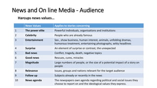 News and On line Media - Audience
Harcups news values…
News Values Applies to stories concerning
1 The power elite Powerful individuals, organisations and institutions
2 Celebrity People who are already famous
3 Entertainment Sex , show business, human interest, animals, unfolding dramas,
humorous treatment, entertaining photographs, witty headlines
4 Surprise An element of surprise or contrast, the unexpected
5 Bad news Conflict, tragedy, death, negative topics
6 Good news Rescues, cures, miracles
7 Magnitude Large numbers of people, or the size of a potential impact of a story on
people
8 Relevance Issues, groups and nations relevant for the target audience
9 Follow up Subjects already or recently in the news
10 News agenda The newspapers own agenda regarding political and social issues they
choose to report on and the ideological values they express.
 