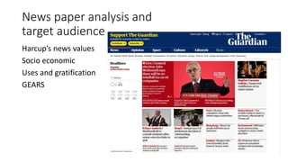 News paper analysis and
target audience
Harcup’s news values
Socio economic
Uses and gratification
GEARS
 