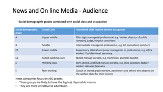 News and On line Media - Audience
Social demographic grades correlated with social class and occupation
Social demographic
grade
Social Class Household chief income earners occupation
A Upper middle Elite, high managerial professional, e.g. banker, director of public
company, judge, hospital consultant
B Middle Intermediate managerial professional, e.g. GP, consultant, architect.
C1 Lower middle Supervisory, clerical and junior managerial, or professional, e.g. office
worker, IT professional, secretary.
C2 Skilled working class Skilled manual workers, e.g. electrician, plumber, builder.
D Working class Semi skilled, unskilled manual workers, e.g. shop assistant, factory
worker, labourer, telesales
E Non-working Casual or lowest grade workers, pensioners and others who depend on
the welfare state for their income
News companies focus on ABC grades:
• These groups are likely to have the highest disposable income
• They are more attractive to advertisers
 