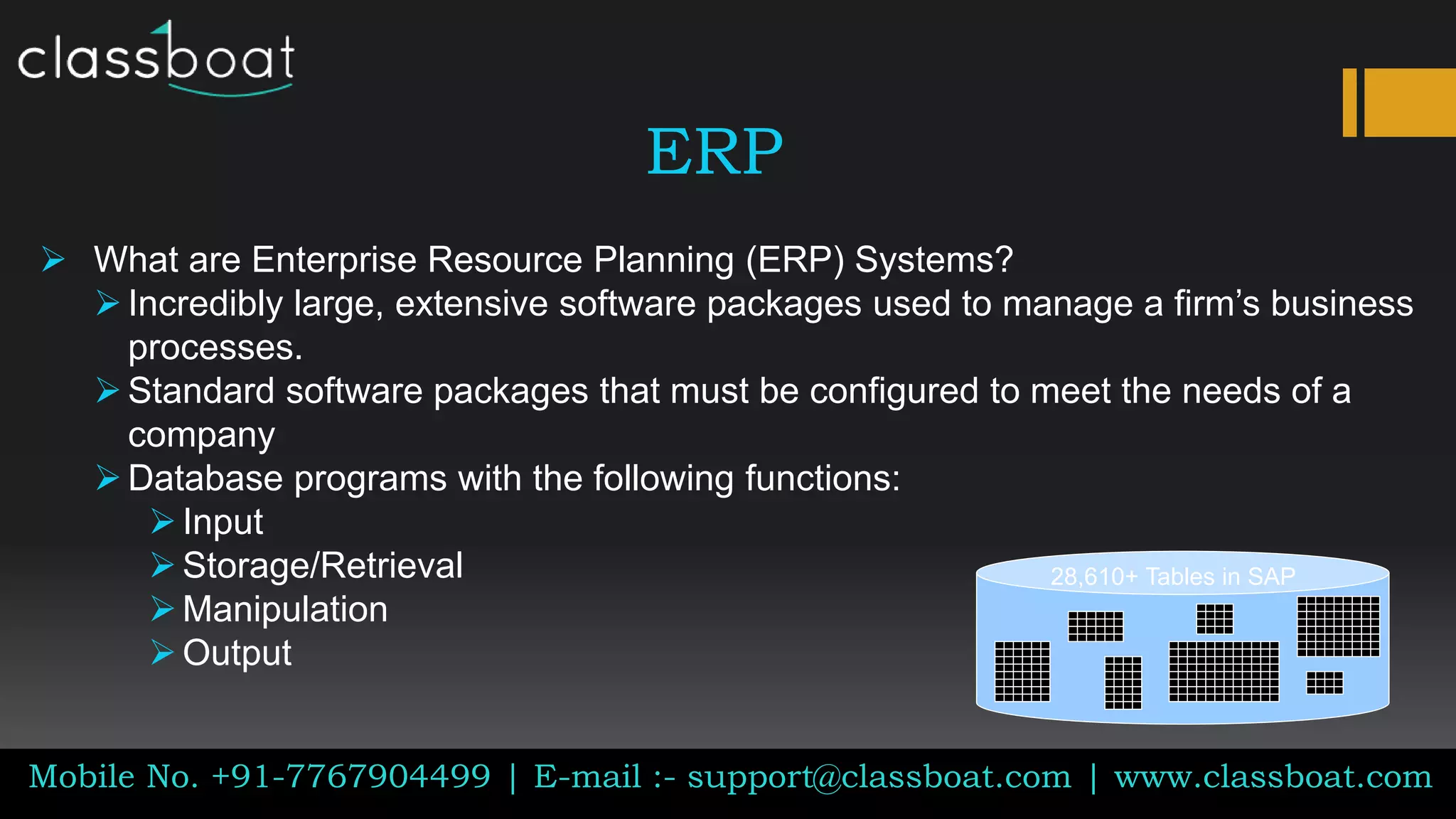 ERP
Mobile No. +91-7767904499 | E-mail :- support@classboat.com | www.classboat.com
 What are Enterprise Resource Planning (ERP) Systems?
Incredibly large, extensive software packages used to manage a firm’s business
processes.
Standard software packages that must be configured to meet the needs of a
company
Database programs with the following functions:
Input
Storage/Retrieval
Manipulation
Output
28,610+ Tables in SAP
 