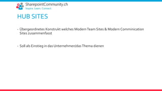 HUB SITES
- Übergeordnetes Konstrukt welches ModernTeam Sites & Modern Comminication
Sites zusammenfasst
- Soll als Einstieg in das Unternehmen/dasThema dienen
 