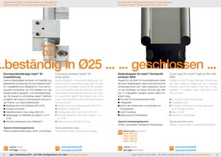 Erweiterung | drylin® W-Edelstahlführung | Baugröße 25 
Extension | drylin® W stainless steel guidance | size 25 
Neuheit | drylin® W-Hochprofilschienen | Abdeckkappen 
Innovation | drylin® W high profile rails | cover caps 
Ø25 
...beständig in Ø25 ... ... geschlossen ... 
Korrosionsbeständige drylin® W-Linearführung 
Extreme Beständigkeit kombiniert mit Flexibilität und 
Belastbarkeit kennzeichnet die neue Edelstahl drylin® 
W -Lineargleitführung in Baugröße 25. Durch die kon-sequente 
Verwendung von V4A Edelstahl sind alle 
Bauteile äußerst seewasser- und chemikalienbestän-dig. 
Die Auswahl an schmierfreien iglidur® Gleitfolien 
ermöglicht den Einsatz in Hochtemperatur als auch in 
der Pharma- und Lebensmittelindustrie. 
Beständig durch V4A Edelstahl (AISI 316Ti) 
Komplett schmierfrei 
Edelstahlschiene in max, Länge 3000 mm 
Gehäuselager mit Gleitfolien aus iglidur® J, X, E7, 
A180 
Höchste Lebensdauer durch Gleitfolie E7 
Typische Anwendungsbereiche: 
Pharma-/Lebensmittelindustrie, Schiff- und Yachtbau 
Lieferbar Available 
3-8 Tage 3-8 days 
Corrosion-resistant drylin® W 
linear guide 
Extreme resistance combined with flexibility and res-ilience 
marks the new stainless steel drylin® W linear 
guide system in installation size 25. By the consistent 
use of V4A stainless steel all components are extre-mely 
resistant to seawater and chemicals. The choice 
of Lubricant-free iglidur® liners allows them to be 
used in high temperatures and in the pharmaceutical 
and food industry. 
Resistant due to V4A stainless steel (AISI 316 Ti) 
Absolutely Lubricant-free 
Stainless steel rails in max. length 3000 mm 
Housing bearing with liners made of iglidur® J, X, 
E7, A180 
Maximum service life due to E7 liner 
Typical application areas: 
Pharma/food industry, ship and yacht building 
www.igus.de/drylinW 
www.igus.eu/drylinW 
Abdeckkappen für drylin®-Hochprofil-schienen 
WSX 
Passend für die drylin® W-Hochprofilschienen bieten 
die neuen Abdeckkappen neben einem formschönen 
Schienenabschluss auch einen praktischen Schutz 
vor dem Eindringen von Staub, Schmutz oder Spä-nen. 
In 4 Baugrößen verfügbar, einfach seitlich ein-klicken, 
fertig. 
Für drylin® W-Hochprofilschienen WSX 
4 Baugrößen 
Schutz der Hohlkammern vor Eindringen von 
Fremdpartikeln 
Leicht montierbar 
Abdeckung von Schnittkanten 
Typische Anwendungsbereiche: 
Portale, Cameraslider, freitragende Anwendungen 
Bestellnummern part numbers 
WSX-0630-EC 
WSX-1040-EC 
WSX-1080-EC 
WSX-1660-EC 
Lieferbar Available 
ab Lager from stock 
Cover caps for drylin® high profile rails 
WSX 
Suitable for drylin® W high profile rails, the new caps 
also offer, besides an elegant rail end, a practical 
protection against the ingress of dust, dirt or chips. 
Available in 4 installation sizes, simply click on the 
side, and done. 
For drylin® W high profile rails WSX 
4 installation sizes 
Protection of the hollow chambers against the 
entry of foreign particles 
Easy to install 
Covering of cutting edges 
Typical application areas: 
Gantries, camera sliders, unsupported applications 
www.igus.de/drylinW 
www.igus.eu/drylinW 
34 igus® Herbstnews 2014...3D-CAD, Konfiguratoren und mehr: www.igus.de/news... igus® autumn news 2014... 3D-CAD, configurators and more: www.igus.eu/news... 35 
 