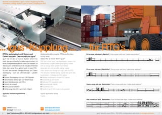 Neuheit | Energieketten | igus® e-rover | Kupplung für RTG 
Innovation | energy chains® | igus® e-rover | coupling for RTG 
... igus®-Kupplung ... ... für RTG’s ... 
RTG’s automatisch mit Strom und 
Daten koppeln: Der e-rover von igus® 
igus® hat mit dem e-rover ein System weiterentwi-ckelt, 
das gummibereifte Portalkrane automatisch mit 
einem Energiekettensystem in kurzer Zeit koppelt. Ein 
Teleskoparm verbindet dabei die energiezuführenden 
Kette, die in einer Rinne geführt wird, mit dem RTG. 
So sind eine sichere Energiezuführung und Daten-übertragung 
– auch per LWL-Leitungen – gewähr-leistet. 
Sichere Übertragung auch von LWL-Signalen 
Verschiedene Befüllungen und Verfahrwege 
Spart Betriebskosten von RTG´s 
Schont die Umwelt 
Schmutzunempfindlich 
Verfahrwege bis 300 m und mehr möglich 
Typische Anwendungsbereiche: 
Krane 
Lieferbar Available 
ab Lager from stock 
Automatically couple RTGs with elec-tricity 
and 
data: the e-rover from igus® 
With the e-rover, igus® has developed a system that 
automatically couples rubber tyred gantry cranes 
with an energy chain system in an instant. 
telescopic arm connects the energy-supply 
chain, which runs through a trough, with the RTG. 
This ensures a reliable energy supply and good data 
transmission – including via FOC cables. 
Reliable transmission of even FOC signals 
Several fillings and travels 
Reduces RTG operating costs 
Environmentally friendly 
Insensitive to dirt 
Travels of up to 300 m and more possible 
Typical application areas: 
Cranes 
www.igus.de/e-rover 
www.igus.eu/e-rover 
Ein e-rover mit einem „Bahnhof“. One e-rover with one “cable loop station”. 
Ein e-rover mit zwei „Bahnhöfen“. One e-rover with two “cable loop stations”. 
Zwei e-rover mit vier „Bahnhöfen“. Two e-rover with four “cable loop stations”. 
Vier e-rover mit acht „Bahnhöfen“. Four e-rover with eight “cable loop stations”. 
6 igus® Herbstnews 2014...3D-CAD, Konfiguratoren und mehr: www.igus.de/news... igus® autumn news 2014... 3D-CAD, configurators and more: www.igus.eu/news... 7 
 