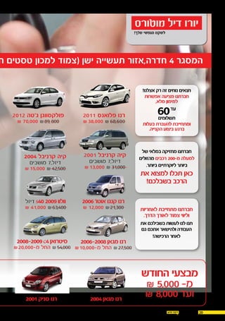 2030.12.2015
‫ח‬ ‫טסטים‬ ‫למכון‬ ‫(צמוד‬ ‫ישן‬ ‫תעשייה‬ ‫חדרה,אזור‬ 4 ‫המסגר‬
2011 ‫פלואנס‬ ‫רנו‬
₪ 38,000 ₪ 68,600
2001 ‫קרניבל‬ ‫קיה‬
‫מושבים‬ 7,‫דיזל‬
₪ 13,000 ₪ 31,000
2004 ‫קרניבל‬ ‫קיה‬
‫מושבים‬ 7,‫דיזל‬
₪ 15,000 ₪ 42,500
2012 ‫ג'טה‬ ‫פולקסווגן‬
₪ 70,000 ₪89,800
2006'‫אוטו‬ ‫קנגו‬ ‫רנו‬
₪ 12,000 ₪21,300
2006-2008‫מגאן‬ ‫רנו‬
₪10,000-‫מ‬ ‫החל‬ ₪27,500
2004‫מגאן‬ ‫רנו‬2001‫סניק‬ ‫רנו‬
‫דיזל‬Ss40 2009‫וולוו‬
₪ 41,000 ₪63,400
2008-2009c4‫סיטרואן‬
₪20,000-‫מ‬ ‫החל‬ ₪54,000
‫החודש‬ ‫מבצעי‬
₪ 5,000 -‫מ‬
₪ 8,000 ‫ועד‬
!‫אצלנו‬ ‫רק‬ ‫זה‬ ‫נוחים‬ ‫תנאים‬
‫אפשרות‬ ‫מציעה‬ ‫חברתנו‬
,‫מלא‬ ‫למימון‬
60‫עד‬
‫תשלומים‬
‫בעלות‬ ‫להעברת‬ ‫ומתחייבת‬
.‫הקנייה‬ ‫ביצוע‬ ‫ברגע‬
‫של‬ ‫במלאי‬ ‫מחזיקה‬ ‫חברתנו‬
‫מהזולים‬ ‫רכבים‬ 200-‫מ‬ ‫למעלה‬
.‫ביותר‬ ‫ליוקרתיים‬ ‫ביותר‬
‫את‬ ‫למצוא‬ ‫תכלו‬ ‫כאן‬
!‫בשבלכם‬ ‫הרכב‬
‫לאחריות‬ ‫מתחייבת‬ ‫חברתנו‬
.‫הדרך‬ ‫לאורך‬ ‫צמוד‬ ‫וליווי‬
‫את‬ ‫בשבילכם‬ ‫לעשות‬ ‫לנו‬ ‫תנו‬
‫גם‬ ‫אתכם‬ ‫ולהישאר‬ ‫העבודה‬
!‫הרכישה‬ ‫לאחר‬
 