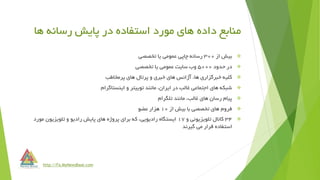 ‫ها‬ ‫رسانه‬ ‫پایش‬ ‫در‬ ‫استفاده‬ ‫مورد‬ ‫های‬ ‫داده‬ ‫منابع‬
‫از‬ ‫بیش‬300‫تخصصی‬ ‫یا‬ ‫عمومی‬ ‫چاپی‬ ‫رسانه‬
‫حدود‬ ‫در‬5000‫تخصصی‬ ‫یا‬ ‫عمومی‬ ‫سایت‬ ‫وب‬
‫پرمخاطب‬ ‫های‬ ‫پرتال‬ ‫و‬ ‫خبری‬ ‫های‬ ‫آژانس‬ ،‫ها‬ ‫خبرگزاری‬ ‫کلیه‬
‫توییتر‬ ‫مانند‬ ،‫ایران‬ ‫در‬ ‫غالب‬ ‫اجتماعی‬ ‫های‬ ‫شبکه‬‫و‬‫اینستاگرام‬
‫تلگرام‬ ‫مانند‬ ،‫غالب‬ ‫های‬ ‫رسان‬ ‫پیام‬
‫از‬ ‫بیش‬ ‫با‬ ‫تخصصی‬ ‫های‬ ‫فروم‬10‫عضو‬ ‫هزار‬
34‫و‬ ‫تلویزیونی‬ ‫کانال‬17‫مورد‬ ‫تلویزیون‬ ‫و‬ ‫رادیو‬ ‫پایش‬ ‫های‬ ‫پروژه‬ ‫برای‬ ‫که‬ ،‫رادیویی‬ ‫ایستگاه‬
‫گیرند‬ ‫می‬ ‫قرار‬ ‫استفاده‬
http://Fa.MyNewsBase.com
 