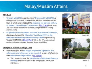 Malay/Muslim Affairs
MENDAKI
• Yayasan MENDAKI organised the ‘Brunch with MENDAKI’, a
dialogue session with Dr Wan Rizal, Ms Nur Sabariah and Ms
Nura J, which shared about the guidance for parents on how
to support their children’s aspirations. (BH, 5 Nov) Title in BH:
250 hadir acara ‘Brunch with Mendaki’, dengar panduan sokong
aspirasi anak
• 97 primary school students received bursaries of $500 each,
distributed under the Education Trust Fund (ETF) at the
Merchant Elementary School Bursary Award organised by
Yayasan MENDAKI. (BH, 20 Nov) Title in BH: 97 pelajar sekolah
rendah terima dermasiswa, disokong dalam pendidikan
Changes to Muslim Marriage Laws
• Muslim couples will no longer require the signatures of a
solemniser and witnesses to get married, as part of efforts to
take Muslim marriages online. (ST, 17 Nov)
– The changes include the introduction of digital certificates of
marriage and will be part of the new process for Muslim
marriages.
Source: BH
Source: ST
16
 
