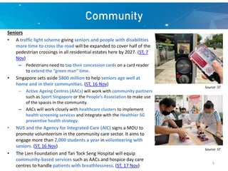 Community
Seniors
• A traffic light scheme giving seniors and people with disabilities
more time to cross the road will be expanded to cover half of the
pedestrian crossings in all residential estates here by 2027. (ST, 7
Nov)
– Pedestrians need to tap their concession cards on a card reader
to extend the “green man” time.
• Singapore sets aside $800 million to help seniors age well at
home and in their communities. (ST, 16 Nov)
– Active Ageing Centres (AACs) will work with community partners
such as Sport Singapore or the People’s Association to make use
of the spaces in the community.
– AACs will work closely with healthcare clusters to implement
health screening services and integrate with the Healthier SG
preventive health strategy.
• NUS and the Agency for Integrated Care (AIC) signs a MOU to
promote volunteerism in the community care sector. It aims to
engage more than 2,000 students a year in volunteering with
seniors. (ST, 16 Nov)
• The Lien Foundation and Tan Tock Seng Hospital will equip
community-based services such as AACs and hospice day care
centres to handle patients with breathlessness. (ST, 17 Nov)
Source: ST
Source: ST
5
 