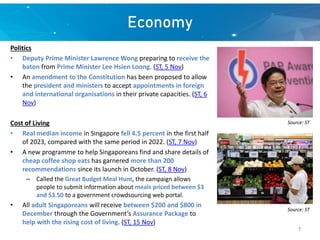 Economy
Politics
• Deputy Prime Minister Lawrence Wong preparing to receive the
baton from Prime Minister Lee Hsien Loong. (ST, 5 Nov)
• An amendment to the Constitution has been proposed to allow
the president and ministers to accept appointments in foreign
and international organisations in their private capacities. (ST, 6
Nov)
Cost of Living
• Real median income in Singapore fell 4.5 percent in the first half
of 2023, compared with the same period in 2022. (ST, 7 Nov)
• A new programme to help Singaporeans find and share details of
cheap coffee shop eats has garnered more than 200
recommendations since its launch in October. (ST, 8 Nov)
– Called the Great Budget Meal Hunt, the campaign allows
people to submit information about meals priced between $3
and $3.50 to a government crowdsourcing web portal.
• All adult Singaporeans will receive between $200 and $800 in
December through the Government’s Assurance Package to
help with the rising cost of living. (ST, 15 Nov)
Source: ST
Source: ST
7
 