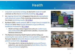 Health
• Long-term vaccination strategy to deal with Covid-19 is still
unknown as the virus is constantly mutating. (ST, 1 Nov)
• An ongoing clinical trial in Singapore that aims to save patients
with advanced cancers from receiving unnecessary treatments
has shown promising results. (ST, 4 Nov)
• By March 2024, needy patients will no longer have to reapply for
MediFund when they transfer between or go to different
healthcare institutions. (ST, 7 Nov)
– MediFund helps needy Singaporeans who are unable to pay
their medical bills after government subsidies, insurance and
MediSave deductions.
• The National University Health System will be rolling out
screening for nose cancer at three more polyclinics as part of a
five-year study to detect the disease earlier and to improve
patient survival rates. (ST, 8 Nov)
– The study, which is being conducted at Jurong and Pioneer
polyclinics, was recently extended to Bukit Batok, Choa Chu
Kang and Clementi polyclinics.
Source: ST
Source: ST
9
 