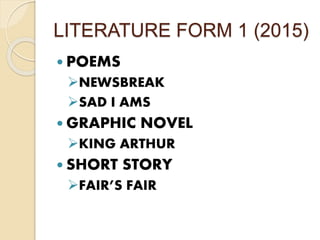 LITERATURE FORM 1 (2015)
 POEMS
NEWSBREAK
SAD I AMS
 GRAPHIC NOVEL
KING ARTHUR
 SHORT STORY
FAIR’S FAIR
 