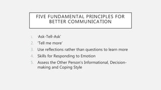 FIVE FUNDAMENTAL PRINCIPLES FOR
BETTER COMMUNICATION
1. ‘Ask-Tell-Ask’
2. ‘Tell me more’
3. Use reflections rather than questions to learn more
4. Skills for Responding to Emotion
5. Assess the Other Person's Informational, Decision-
making and Coping Style
 