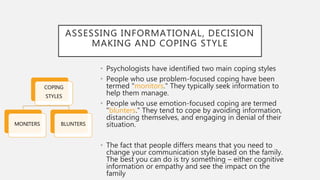 ASSESSING INFORMATIONAL, DECISION
MAKING AND COPING STYLE
• Psychologists have identified two main coping styles
• People who use problem-focused coping have been
termed "monitors." They typically seek information to
help them manage.
• People who use emotion-focused coping are termed
"blunters." They tend to cope by avoiding information,
distancing themselves, and engaging in denial of their
situation.
• The fact that people differs means that you need to
change your communication style based on the family.
The best you can do is try something – either cognitive
information or empathy and see the impact on the
family
COPING
STYLES
MONITERS BLUNTERS
 
