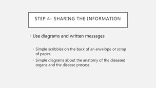 STEP 4- SHARING THE INFORMATION
• Use diagrams and written messages
• Simple scribbles on the back of an envelope or scrap
of paper.
• Simple diagrams about the anatomy of the diseased
organs and the disease process.
 
