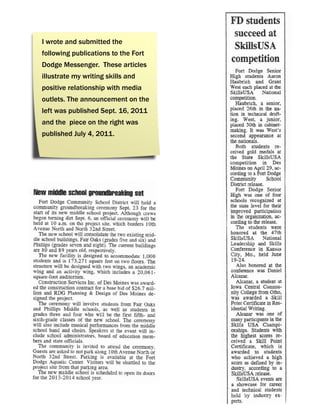 I wrote and submitted the
following publications to the Fort
Dodge Messenger. These articles
illustrate my writing skills and
positive relationship with media
outlets. The announcement on the
left was published Sept. 16, 2011
and the piece on the right was
published July 4, 2011.
 