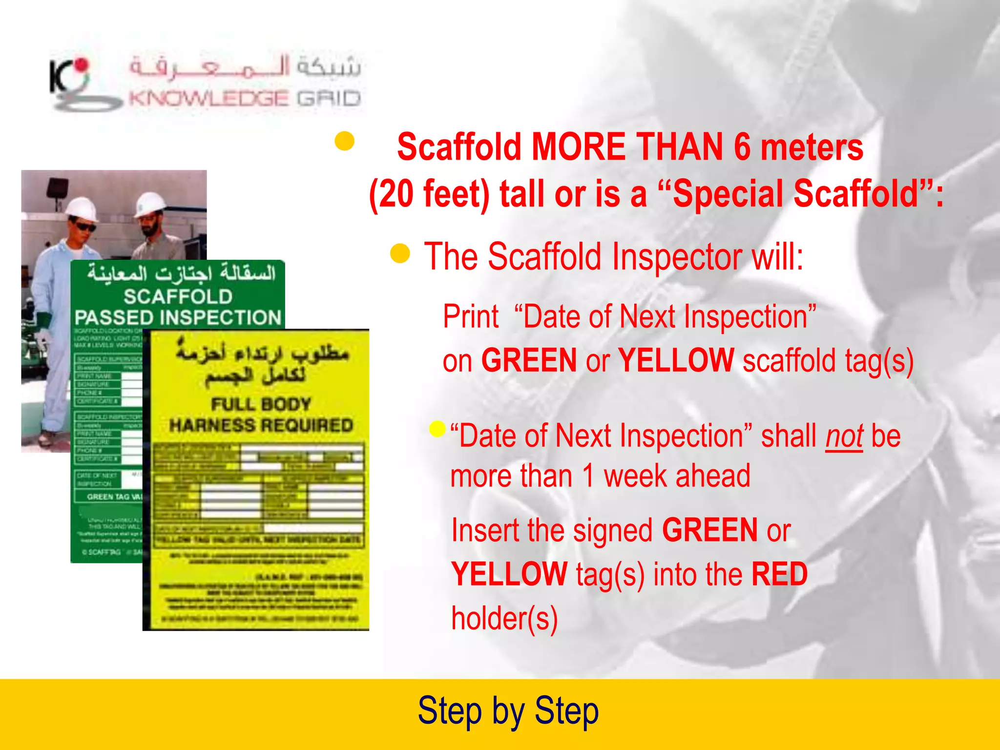 The Scaffold Inspector will:
Print “Date of Next Inspection”
on GREEN or YELLOW scaffold tag(s)
Insert the signed GREEN or
YELLOW tag(s) into the RED
holder(s)
“Date of Next Inspection” shall not be
more than 1 week ahead
Step by Step
If Scaffold MORE THAN 6 meters
(20 feet) tall or is a “Special Scaffold”:
 