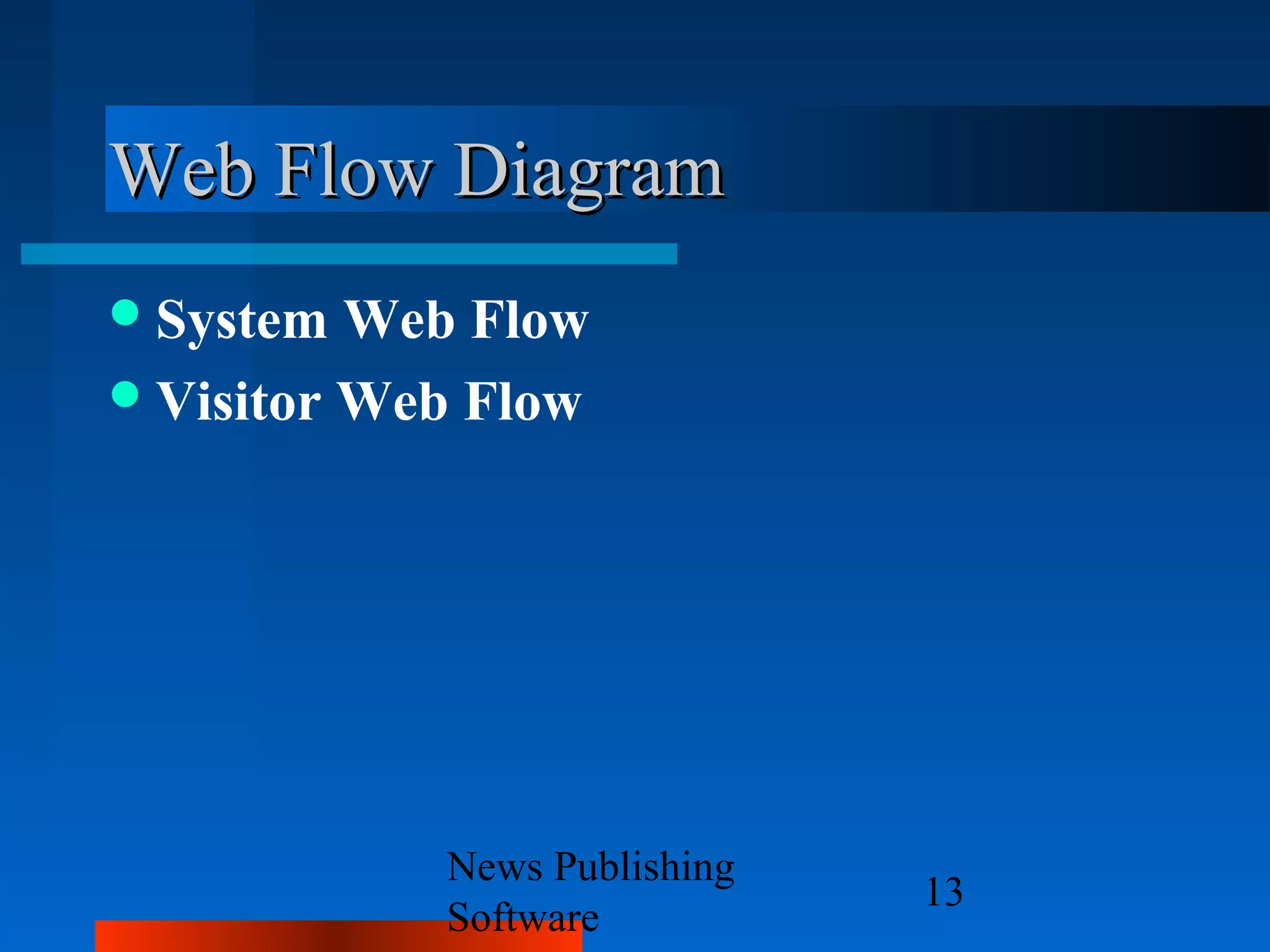 Web Flow Diagram
 System  Web Flow
 Visitor Web Flow




            News Publishing
                              13
            Software
 