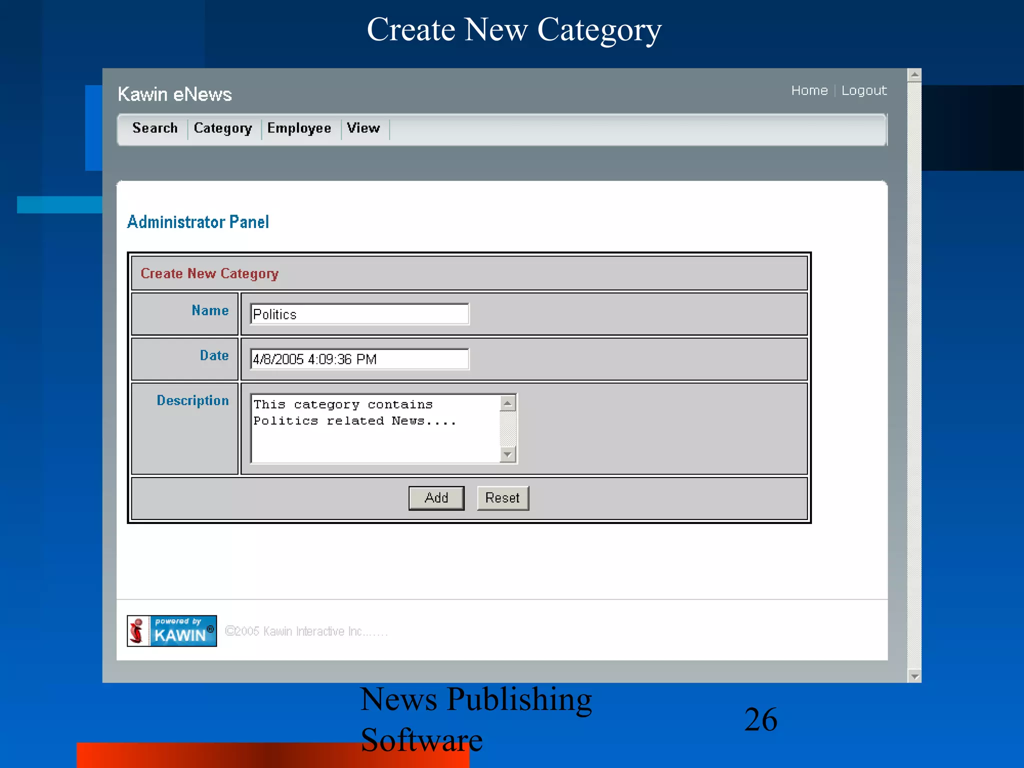 Create New Category




News Publishing
                      26
Software
 