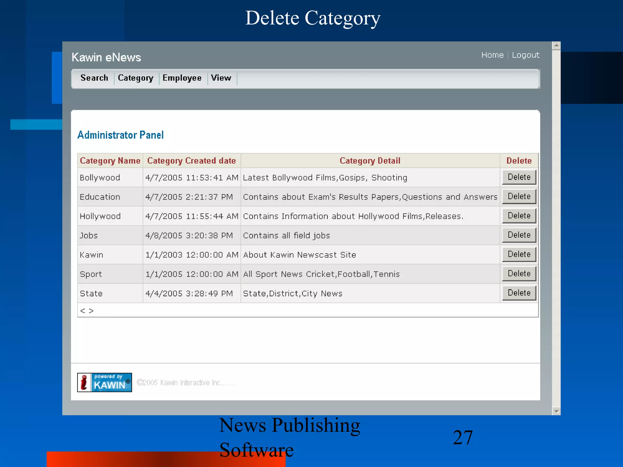 Delete Category




News Publishing
                    27
Software
 