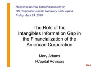 Response to New School discussion on
US Corporations in the Recovery and Beyond
Friday, April 23, 2010



         The Role of the
 Intangibles Information Gap in
    the Financialization of the
      American Corporation

                  Mary Adams
               I-Capital Advisors
                                             ICA-1
 