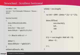 nAcademy Le 12 février 2014 Neuros -
Newschool : Scrolltext horizontal
var debut = 100;
var text = "(c) Christophe Villeneuve / Neuros -
2014";
function boucle()
{
demo.fillRect(0,0,640,480);
i = 0;
demo.font = "30px arial";
demo.fillStyle = "rgb(255,255,255)";
<!-- Boucle while ici -->
debut++;
demo.fillStyle = "rgb(0,0,0)";
}
setInterval(boucle, 40);
•
while(i < text.length)
{
var left = (800 - (debut * 2)) + (i * 25);
demo.fillText(
text.charAt(i),
left ,
100
);
if (i == text.length-1 && left < 0)
debut = 0 ;
i++;
}
 