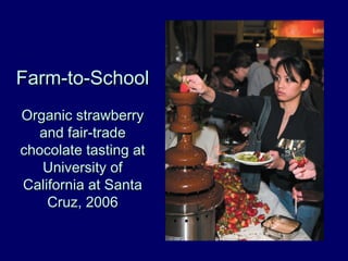 Farm-to-SchoolFarm-to-School
Organic strawberryOrganic strawberry
and fair-tradeand fair-trade
chocolate tasting atchocolate tasting at
University ofUniversity of
California at SantaCalifornia at Santa
Cruz, 2006Cruz, 2006