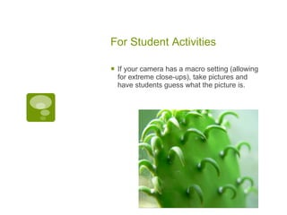 For Student Activities If your camera has a macro setting (allowing for extreme close-ups), take pictures and have students guess what the picture is.  