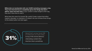 Millennials are bombarded with over 5,000 marketing messages a day.
They have learned how to completely ignore the things that don’t
deliver value into their lives. If your content is dead weight to their day,
they don’t have time to read it.
What does this mean for brands? Be useful! Create content that either
inspires, educates, or entertains. If it doesn’t do one of those three things,
hit the delete button and start again.
even say they are more likely
to buy if the brand delivers
interesting content that
teaches them something.
NewsCred Millennial Survey 2014
NewsCred’s survey found 31%
of millennials are more likely
 