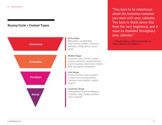© 2013 NewsCred 4
Buying Cycle + Content Types
01 Getting Started
“You have to be intentional
about the business outcome
you want with your calendar.
You have to think about this
from the very beginning, and it
must be threaded throughout
your calendar.”
— Erin Scottberg, Editorial Director of
Weber Shandwick Mediaco
Buying Cycle + Content Types
Early Stage
Blog posts, curated lists,
best practice guides, inﬂuencer
webinars, infographics, social
posts
Middle Stage
Customer case studies, analyst
reports, webinars, advanced best
practice guides, interactive content
(ROI calculator), newsletters
Late Stage
Product demos, trials, product
comparisons, pricing guides,
customer case studies, analyst
reports
Customer Stage
Personalized recommendations,
customer case studies, product
news, tutorials
Awareness
Evaluation
Purchase
Retain
 