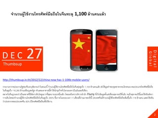 จานวนผู้ใช้ งานโทรศัพท์ มือถือในจีนทะลุ 1,100 ล้ านคนแล้ ว




                            27




                                                                                                                                                                                      Digital
DEC




                                                                                                                                                                             Global
Thumbsup


http://thumbsup.in.th/2012/12/china-now-has-1-104b-mobile-users/

รายงานจากหน่วยงานรัฐของจีนระบุชดเจนว่าในขณะนี ้ จานวนผู้ใช้ งานโทรศัพท์มือถือในจีนพุ่งสูงถึง 1,104 ล้ านคนแล้ ว ส่งให้ มลค่าของอุตสาหกรรมโทรคมนาคมประเภทโทรศัพท์มือถือ
                                   ั                                                                                    ู
ในจีนสูงถึง 116,260 ล้ านเหรียญสหรัฐฯ ตัวเลขมหาศาลนี ้ทาให้ นกธุรกิจทัวโลกมองตาเป็ นมันเลยทีเดียว
                                                               ั      ่
ตลาดในจีนถูกมองว่าเป็ นตลาดที่มีอตราเติบโตสูงมากที่สดมาระยะหนึงแล้ ว โดยผลวิเคราะห์จากสานัก Flurry ที่เก็บข้ อมูลตั ้งแต่เดือนตุลาคมปี ที่แล้ ว จนถึงตุลาคมปี นี ้เผยให้ เห็นอัตรา
                                 ั                    ุ           ่
การเติบโตของจานวนผู้ใช้ งานโทรศัพท์ มือถือในจีนสูงถึง 293% ซึงภายในระยะเวลา 11 เดือนที่ผ่านมาของปี นี ้ ประเทศจีนมีจานวนผู้ใช้ โทรศัพท์ มือถือเพิ่มขึ ้นถึง 118 ล้ านคน แสดงให้ เห็น
                                                             ่
ว่าประชากรของประเทศจีน 82% มีโทรศัพท์มือถือเพื่อใช้ งาน



                                                                                                                                                                                        2
 