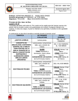 BOSTON INTERNATIONAL SCHOOL
NIT 900.258.868-9. RESOLUCIÓN 04613 DE 2010
COD: B.I.S – ACAD: P.S.B.
Proceso: TEOLOGÍA- NEWS
PRIMER PERIODO 2019
GESTIÓN ACADÉMICA
Versión 04: Agosto 2018
Página 1 de 2
Profesor: JHONATHAN MARADEY D. Curso: SIXTH GRADE
Duración del periodo (1): FEBRERO 1 AL 13 DE ABRIL
Asignatura: TEOLOGÍA Área: EDUCACIÓN CRISTIANA
Principio del Año: Amor de Dios
Lucas 4: 18- 19
“El Espíritu del Señor está sobre mí, Por cuanto me ha ungido para dar buenas nuevas a los
pobres; Me ha enviado a sanar a los quebrantados de corazón; A pregonar libertad a los
cautivos, Y vista a los ciegos; A poner en libertad a los oprimidos; A predicar el año agradable
del Señor.”
A continuación se describe la temática a estudiar durante el periodo actual
TEMÁTICA ACTIVIDADES
EVALUATIVAS
FECHA
(SEMANA)
1 ¿QUÉ ES LABIBLIA Lectura previa.
DEL 1 AL DE
FEBRERO
2
CONCEPTO DE
BIBLIOLOGÍA- CONTENIDO
GENERAL DE LA BIBLIA-
TEMACENTRAL DE LA
BIBLIA- DIVISIÓN DE LA
BIBLIA- CONCEPTOS DE
INSPIRACIÓN E
ILUMINACIÓN-CANON
BÍBLICO-LIBROS
APÓCRIFOS
Lectura previa, compromisos,
taller, quiz y revisión de
módulo.
DEL 11 DE FEBRERO
AL 1 DE MARZO
QUIZ#1
TEMA: Inspiración e
iluminación, canon y libros
apócrifos
DURACIÓN DE LOS QUICES:
de 5 al 8 minutos máximo
6°BLUE: Viernes 1 de
Marzo
6°RED: Lunes 25 de
Febrero
6°YELLOW: Martes 26
de Febrero
3 DOCTRINADE PECADO
Lectura previa, compromisos
taller, quiz y revisión de
módulo.
DEL 4 AL 8 DE MARZO
QUIZ#2
TEMA: Doctrina de pecado
DURACIÓN DE LOS QUICES:
de 5 al 8 minutos máximo
6°BLUE: Viernes 15 de
Marzo
6°RED: Lunes 11 de
Marzo
6°YELLOW: Martes 12
de Marzo
4 DOCTRINADE SALVACIÓN
Lectura previa, compromisos
taller, quiz y revisión de
módulo.
DEL 11 AL 15 DE
MARZO
QUIZ#3
TEMA: Doctrina de Salvación
DURACIÓN DE LOS QUICES:
de 5 al 8 minutos máximo
6°BLUE: Viernes 22 de
Marzo
6°RED: Lunes 18 de
Marzo
6°YELLOW: Martes 19
 