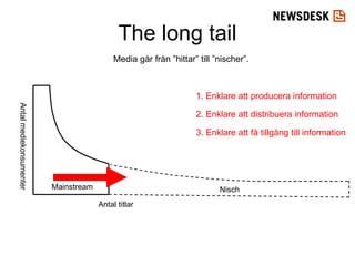 The long tail Media går från ”hittar” till ”nischer”.  Mainstream Nisch Antal titlar Antal mediekonsumenter 1. Enklare att producera information 2. Enklare att distribuera information 3. Enklare att få tillgång till information 