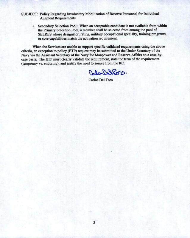 New SECNAV and NAVADMIN Involuntary Mobilization of RC for IAs DON