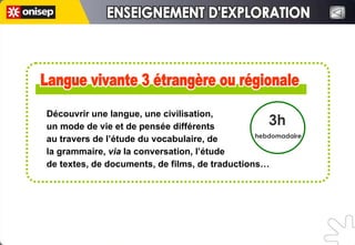 Langue vivante 3 étrangère ou régionale Langue vivante 3 étrangère ou régionale 3h hebdomadaire Découvrir une langue, une civilisation,  un mode de vie et de pensée différents  au travers de l’étude du vocabulaire, de  la grammaire,  via  la conversation, l’étude  de textes, de documents, de films, de traductions… ENSEIGNEMENT D'EXPLORATION ENSEIGNEMENT D'EXPLORATION 
