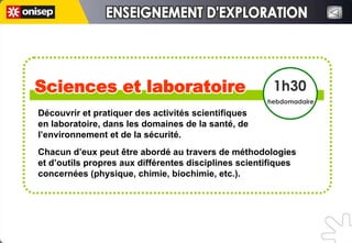 Découvrir et pratiquer des activités scientifiques  en laboratoire, dans les domaines de la santé, de  l’environnement et de la sécurité.  Chacun d’eux peut être abordé au travers de méthodologies  et d’outils propres aux différentes disciplines scientifiques concernées (physique, chimie, biochimie, etc.).  Sciences et laboratoire Sciences et laboratoire 1h30 hebdomadaire ENSEIGNEMENT D'EXPLORATION ENSEIGNEMENT D'EXPLORATION 