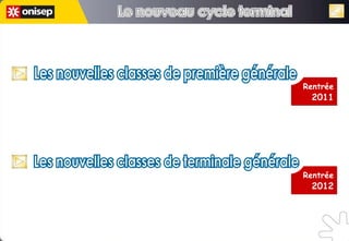 Rentrée 2011 Rentrée 2012 Le nouveau cycle terminal Le nouveau cycle terminal Les nouvelles classes de première générale Les nouvelles classes de première générale Les nouvelles classes de terminale générale Les nouvelles classes de terminale générale 