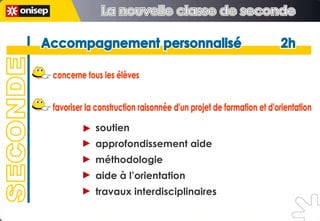 concerne tous les élèves Accompagnement personnalisé  2h  Accompagnement personnalisé  2h  favoriser la construction raisonnée d'un projet de formation et d'orientation soutien approfondissement aide méthodologie aide à l’orientation travaux interdisciplinaires SECONDE La nouvelle classe de seconde La nouvelle classe de seconde 