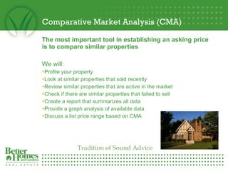 Comparative Market Analysis (CMA) The most important tool in establishing an asking price is to compare similar properties We will: Profile your property Look at similar properties that sold recently Review similar properties that are active in the market Check if there are similar properties that failed to sell Create a report that summarizes all data  Provide a graph analysis of available data Discuss a list price range based on CMA Tradition of Sound Advice 