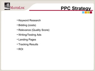 PPC Strategy Keyword Research Bidding (costs) Relevance (Quality Score) Writing/Testing Ads  Landing Pages Tracking Results ROI 