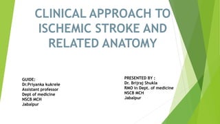 CLINICAL APPROACH TO
ISCHEMIC STROKE AND
RELATED ANATOMY
GUIDE:
Dr.Priyanka kukrele
Assistant professor
Dept of medicine
NSCB MCH
Jabalpur
PRESENTED BY :
Dr. Brijraj Shukla
RMO in Dept. of medicine
NSCB MCH
Jabalpur
 