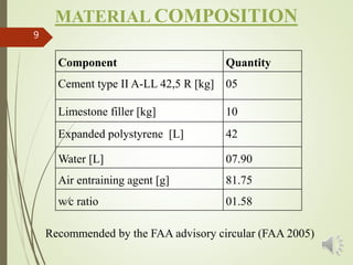 MATERIAL COMPOSITION
Component Quantity
Cement type II A-LL 42,5 R [kg] 05
Limestone filler [kg] 10
Expanded polystyrene [L] 42
Water [L] 07.90
Air entraining agent [g] 81.75
w∕c ratio 01.58
9
Recommended by the FAA advisory circular (FAA 2005)
 
