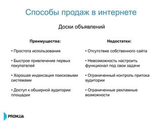 Способы продаж в интернете
                       Доски объявлений

         Преимущества:                      Недостатки:

• Простота использования          • Отсутствие собственного сайта

• Быстрое привлечение первых      • Невозможность настроить
покупателей                       функционал под свои задачи

• Хорошая индексация поисковыми   • Ограниченный контроль притока
системами                         аудитории

• Доступ к обширной аудитории     • Ограниченные рекламные
площадки                          возможности
 
