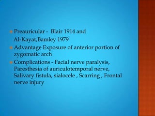  Preauricular - Blair 1914 and
Al-Kayat,Bamley 1979
 Advantage Exposure of anterior portion of
zygomatic arch
 Complications - Facial nerve paralysis,
Paresthesia of auriculotemporal nerve,
Salivary fistula, sialocele , Scarring , Frontal
nerve injury
 