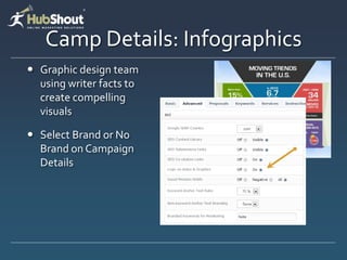 Camp Details: Infographics
? Graphic design team
using writer facts to
create compelling
visuals
? Select Brand or No
Brand on Campaign
Details
 